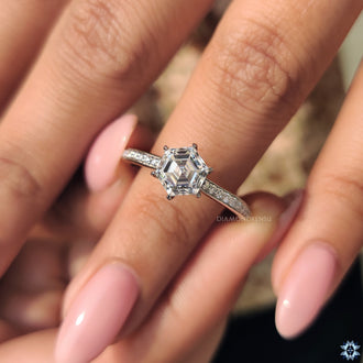 Handmade jewelry with a hexagon engagement ring for timeless beauty.
