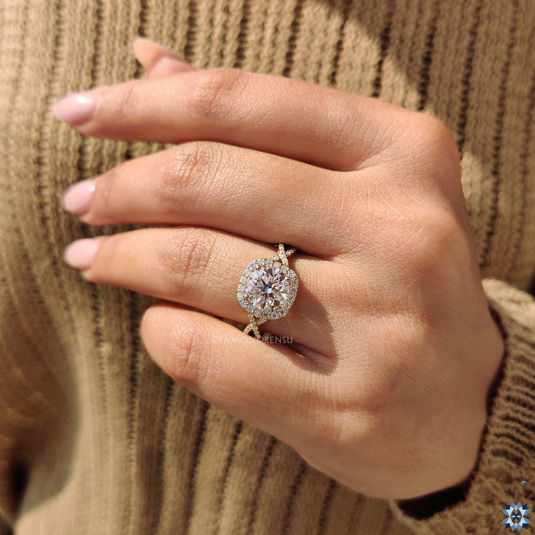 Twisted pave engagement ring with intricate band details
