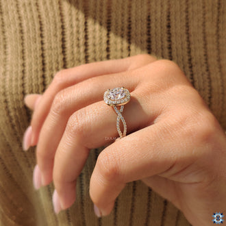 Pave band engagement ring with a brilliant diamond setting

