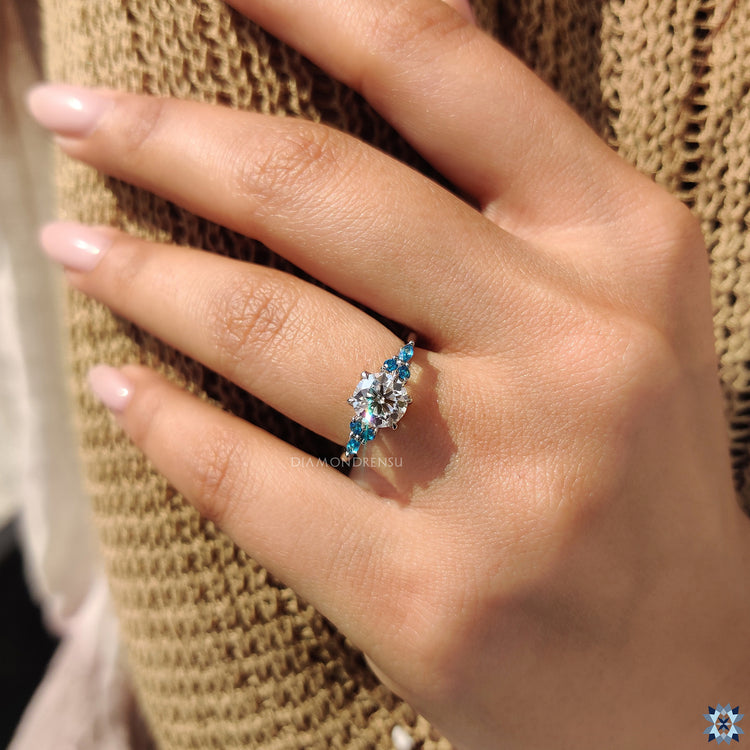 Colorless moissanite white gold ring unique engagement ring.
