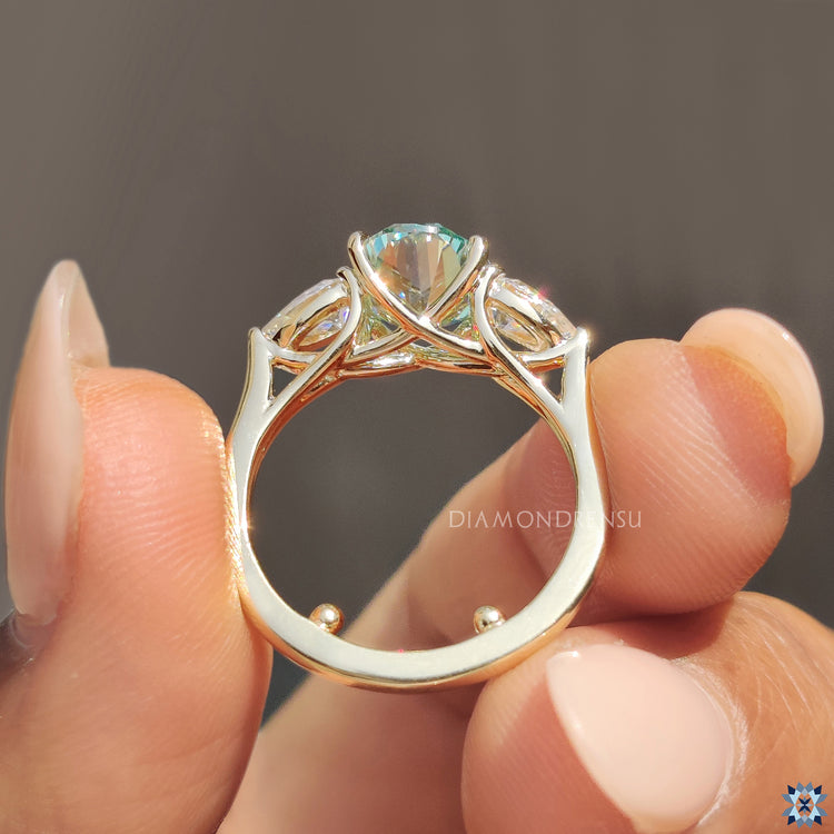 Handmade ring three stone oval ring green moissanite oval.
