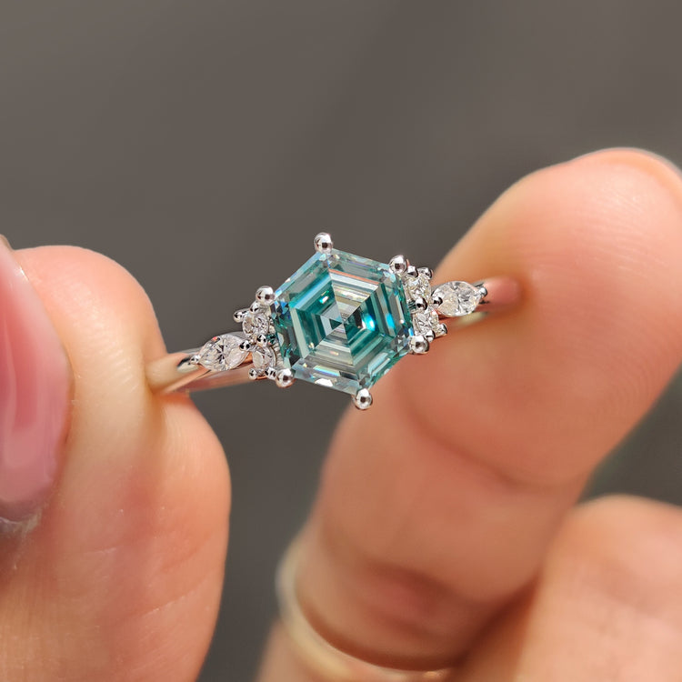 Cyan Blue Hexagon Engagement Ring With Muse Style