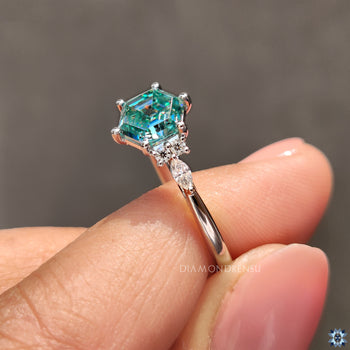 Cyan Blue Hexagon Engagement Ring With Muse Style