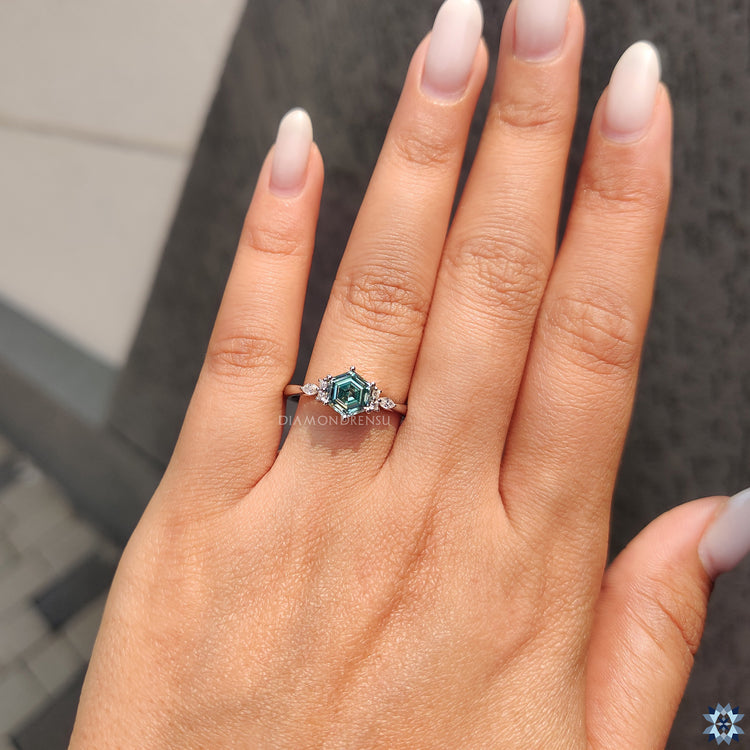 Cyan Blue Hexagon Engagement Ring With Muse Style