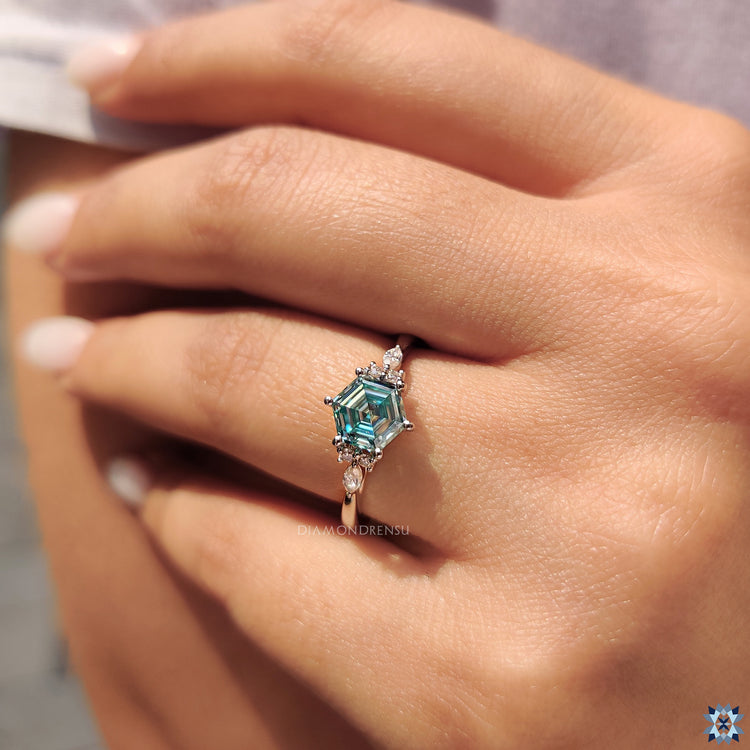 Cyan Blue Hexagon Engagement Ring With Muse Style