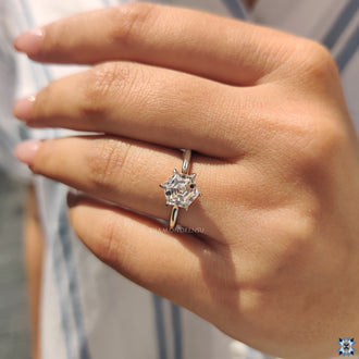 Handmade cathedral ring with hexagon diamond center
