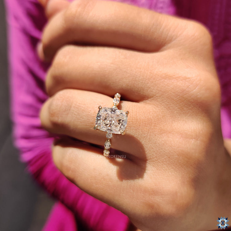 Shared prong pave band designed for a seamless finish.
