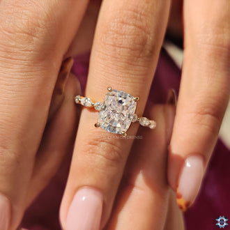 Moissanite ring with hidden halo and custom setting.
