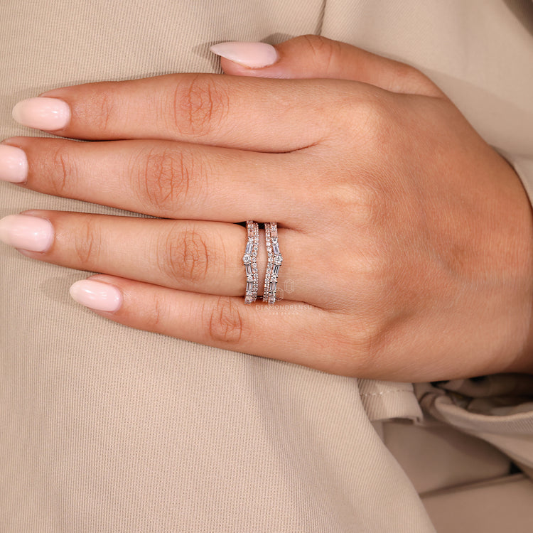 Rose Gold Wedding Band featuring a double band and pave diamond setting.
