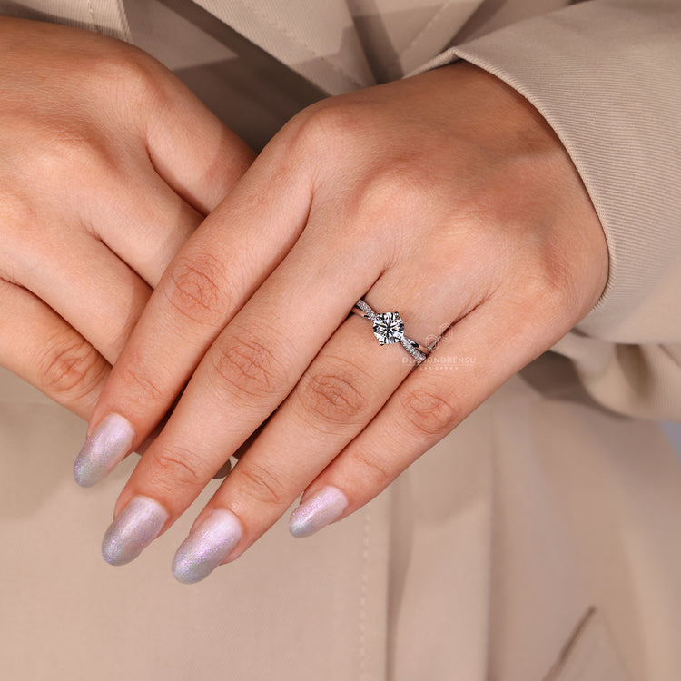 Lab Grown Diamond set in a twisted pave band for a modern style.
