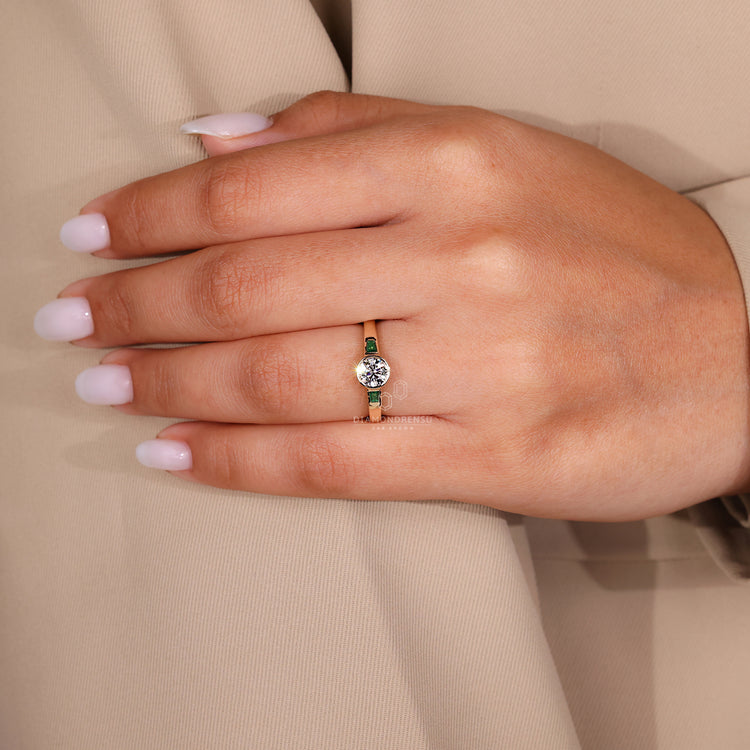 Yellow gold engagement ring with clean lines and a radiant lab grown diamond.
