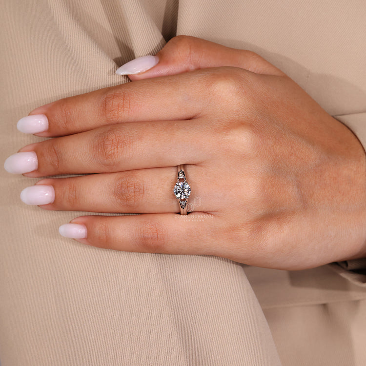 3 stone engagement ring lab grown diamond split shank ring handmade jewelry.
