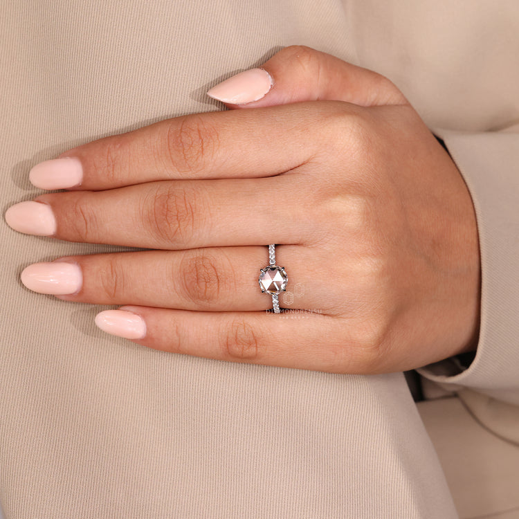 Buy engagement ring with round rose cut diamond in pave setting.
