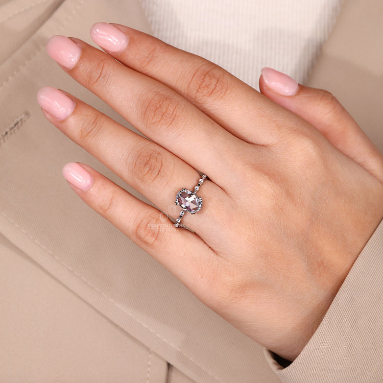 Lab Grown Diamond oval rose cut ring in white gold handmade jewelry.
