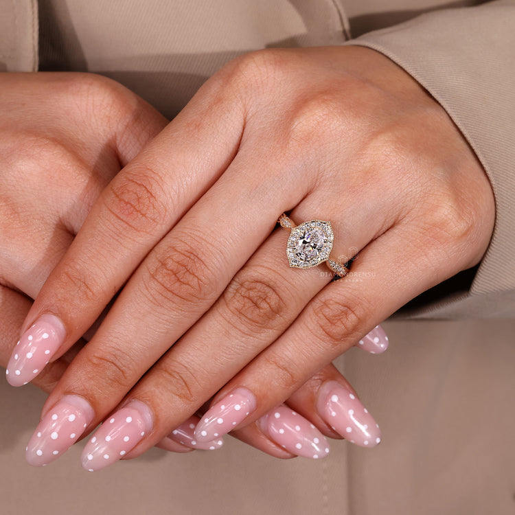Oval Diamond Ring With Cathedral Band And Halo Design.