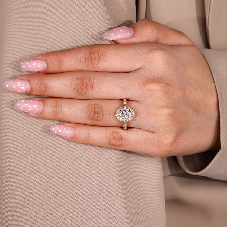 Lab Grown Oval Diamond Ring With Halo And Cathedral Style.