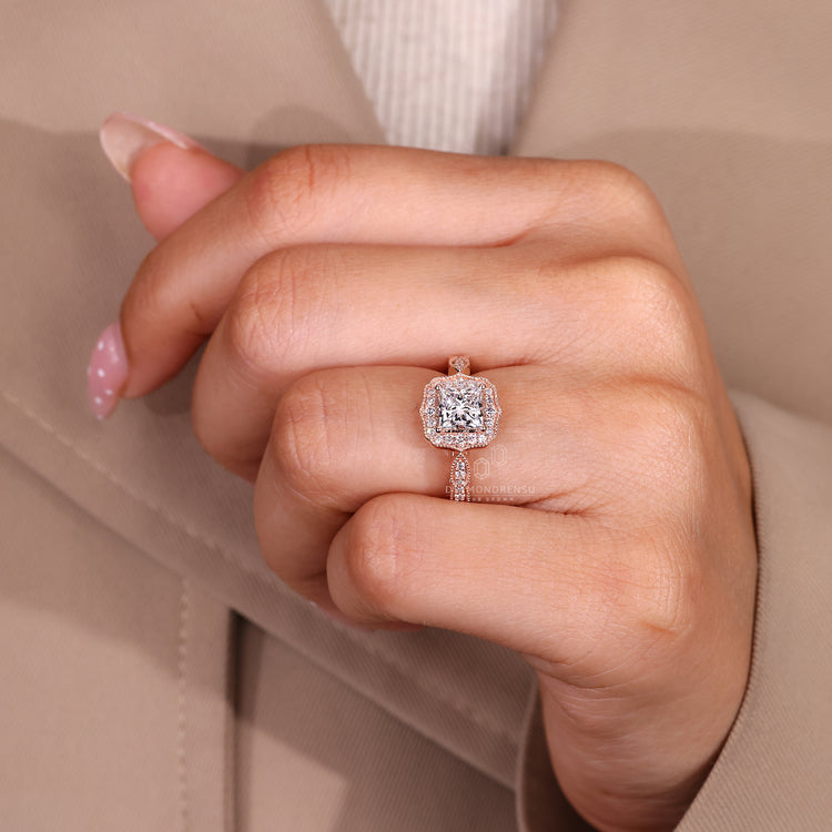 Lab Grown Princess Cut Diamond Ring With Milgrain Edge.