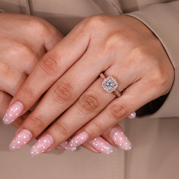 Princess Cut Diamond Ring With Round Halo And Pave Accents.