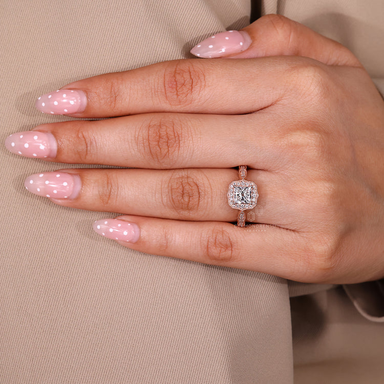 Milgrain Detailed Princess Cut Diamond Ring With Halo Design.