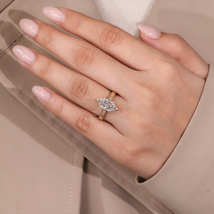 IGI certified vintage-inspired marquise engagement ring by Diamondrensu.
