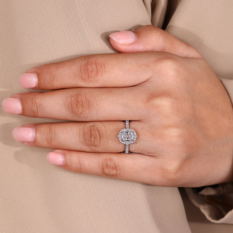 Lab Grown Diamond ring with halo, milgrain, and round pave accents.
