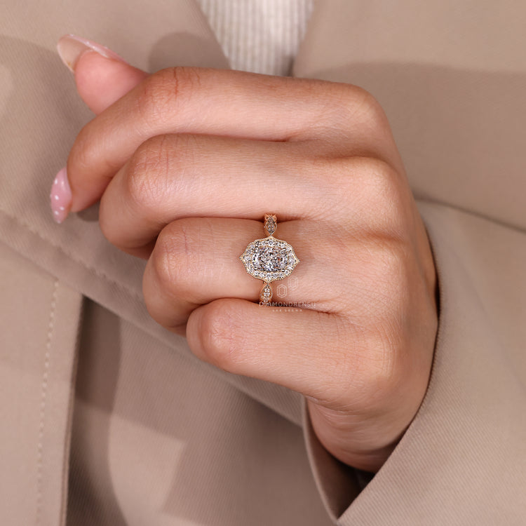 Vintage Style Elongated Cushion Diamond Ring With Four Prong Setting.