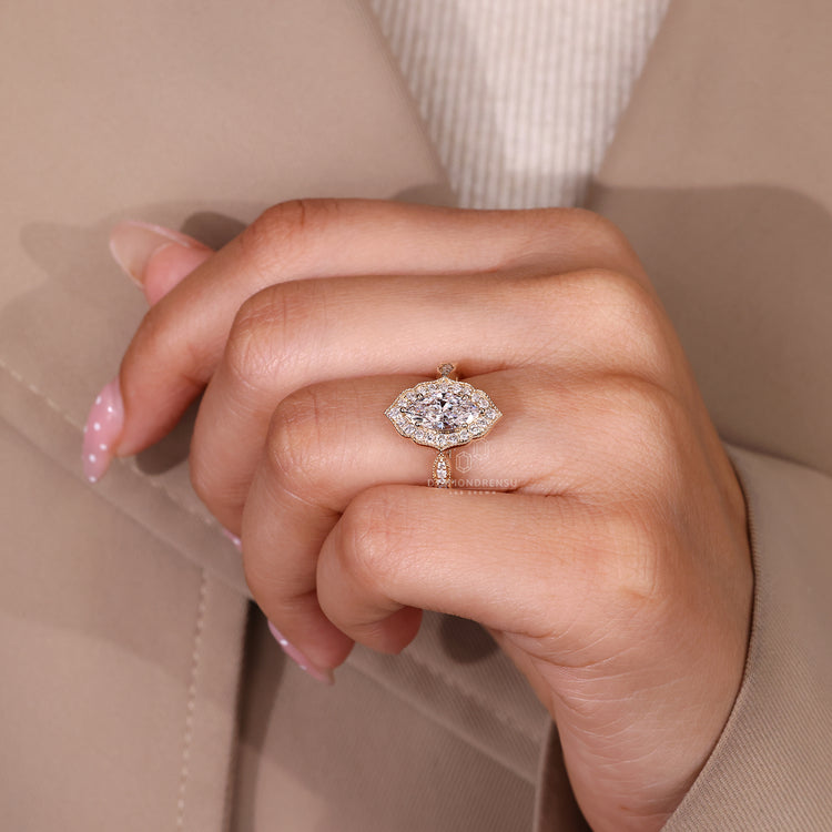 Vintage Style Marquise Diamond Ring With Halo Frame.