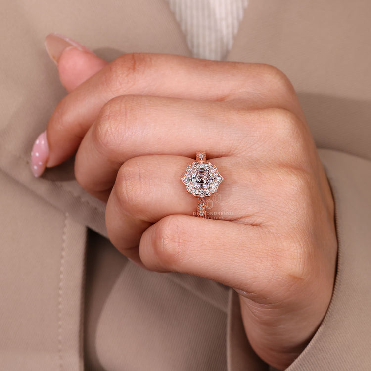 Vintage Style Hexagon Diamond Ring With Four Prong Setting.