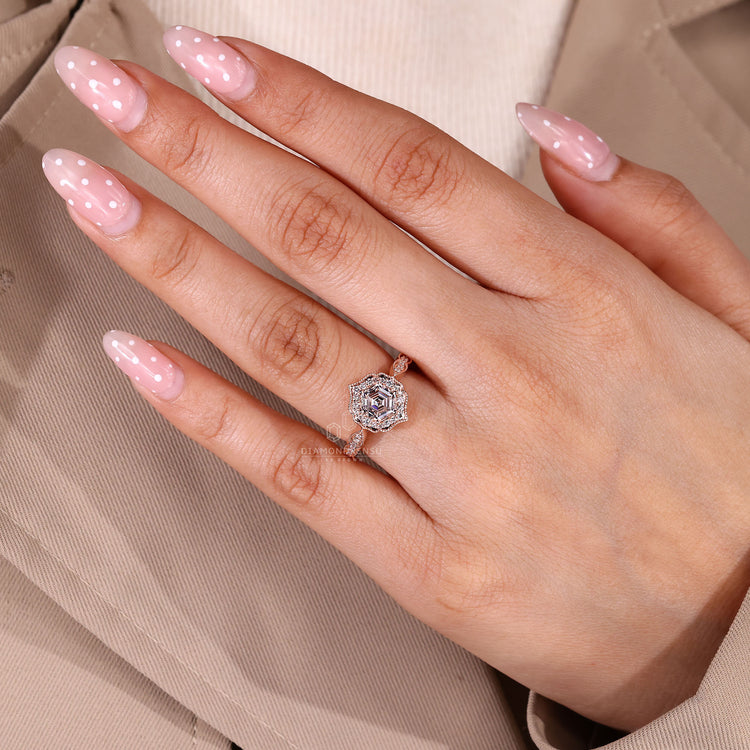 Hexagon Cut Diamond Ring With Vintage Milgrain Edge.