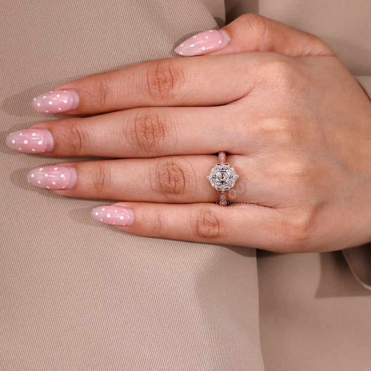 Hexagon Engagement Ring With Cathedral Style Design.