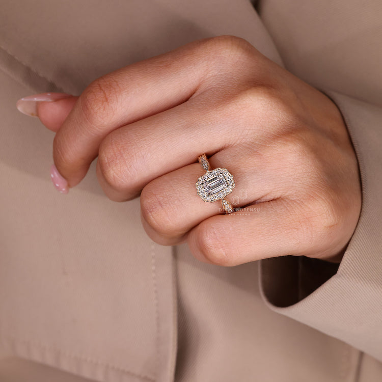 Emerald Cut Ring With Vintage Milgrain And Halo Setting.
