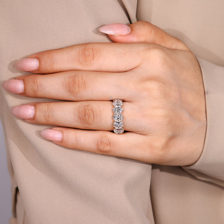 Lab grown diamond wedding band with stackable profile.