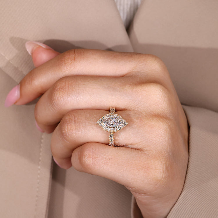 Vintage Style Dutch Marquise Ring With Round Pave Band.