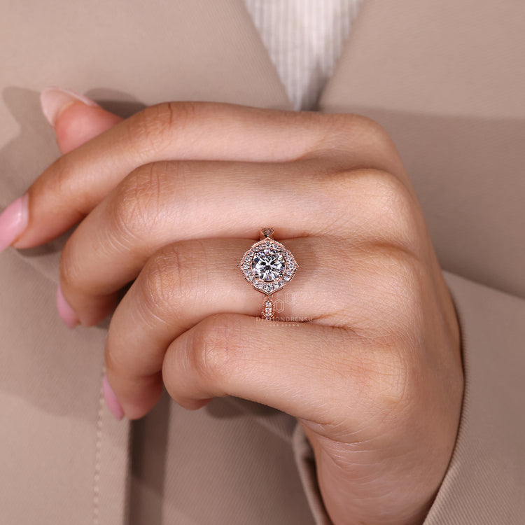 Vintage Inspired Round Cut Diamond Ring With Pave Accents.