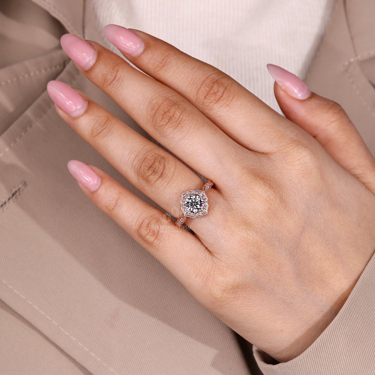 Round Cut Diamond Ring With Round Diamond Pave Setting.