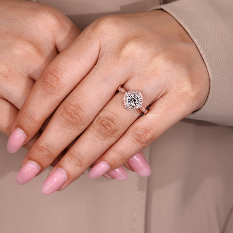 Round Cut Diamond Ring With Milgrain Halo And Pave Band.