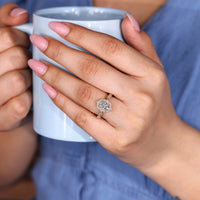 Vintage Inspired Elongated Cushion Cut Ring With Round Pave Band.