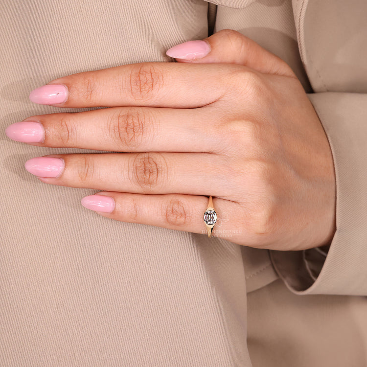 Solitaire lab grown diamond ring with old mine cushion and tapered shank.