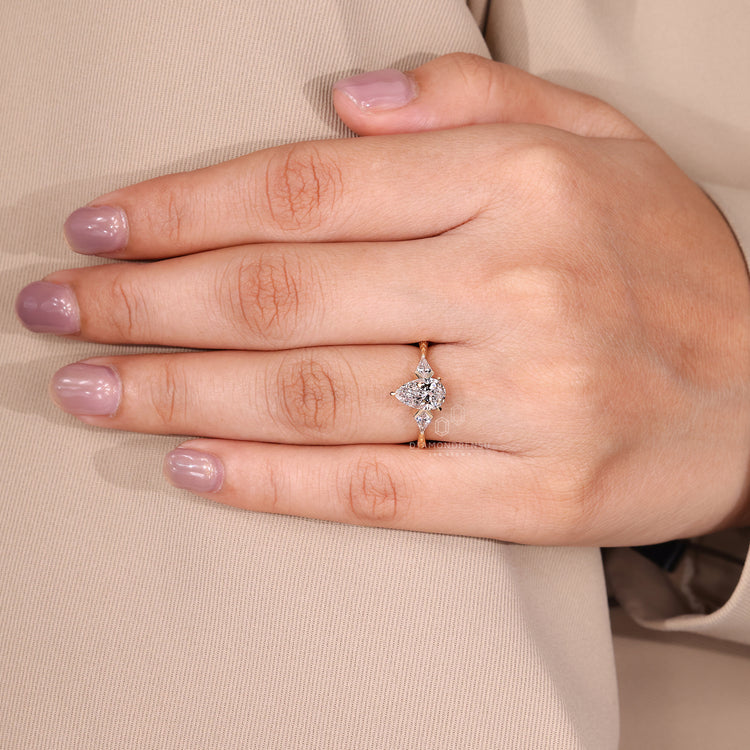 Diamondrensu pear cut engagement ring with Lab Grown Diamond handmade.
