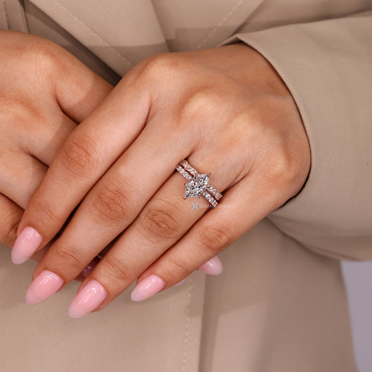 Handmade Dutch marquise wedding ring with pave setting