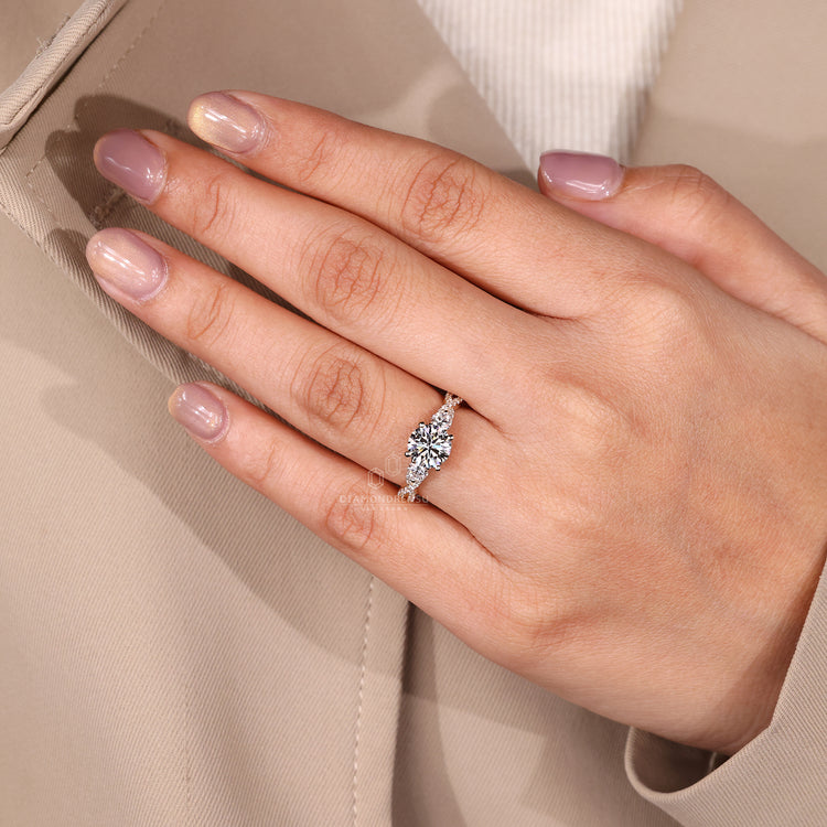 Lab Grown Diamond three stone ring with round cut engagement ring.
