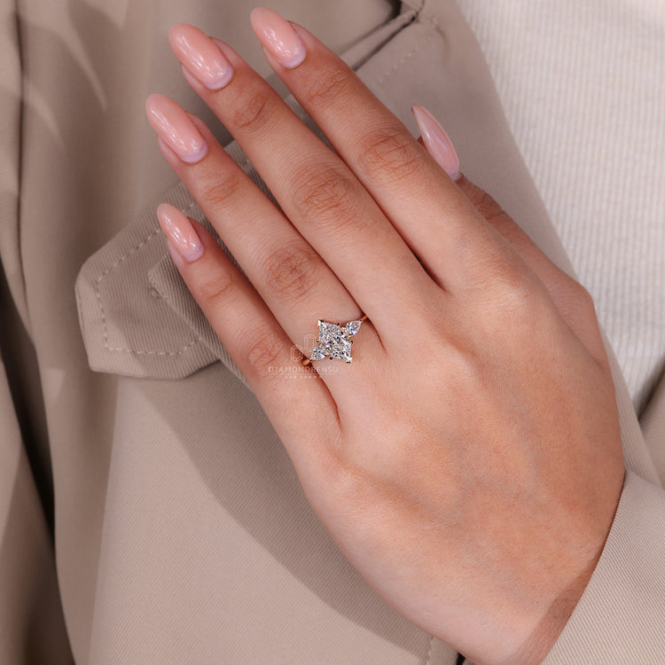 Lab grown diamond set in a Dutch marquise ring, featuring V prong setting, tapered shank band, and yellow gold engagement ring.
