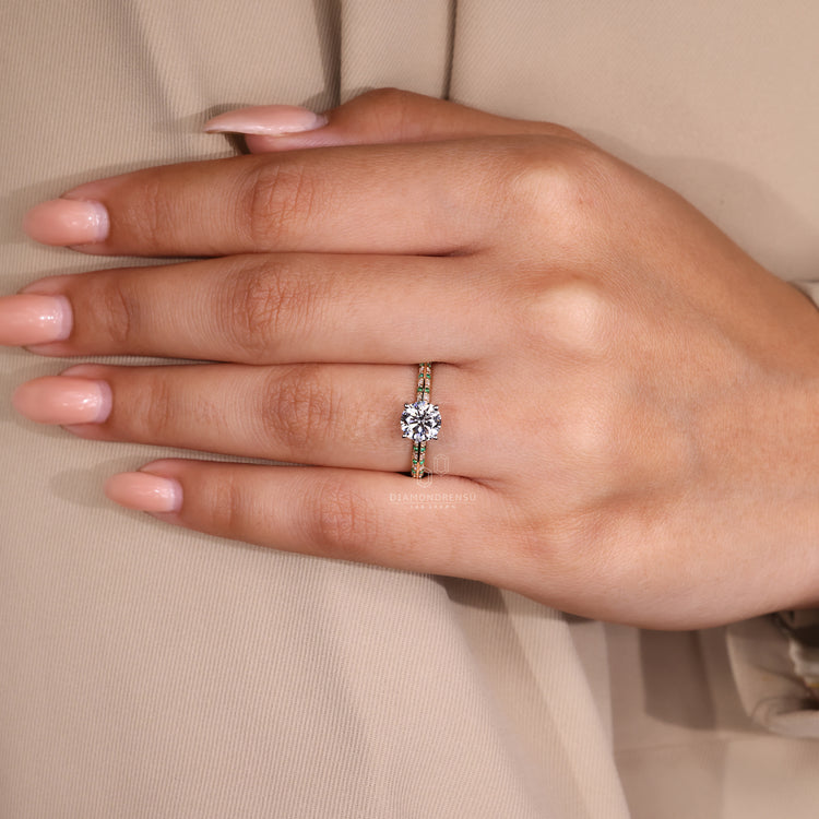 Custom Engagement Ring featuring a double side eternity design with round cut diamonds.
