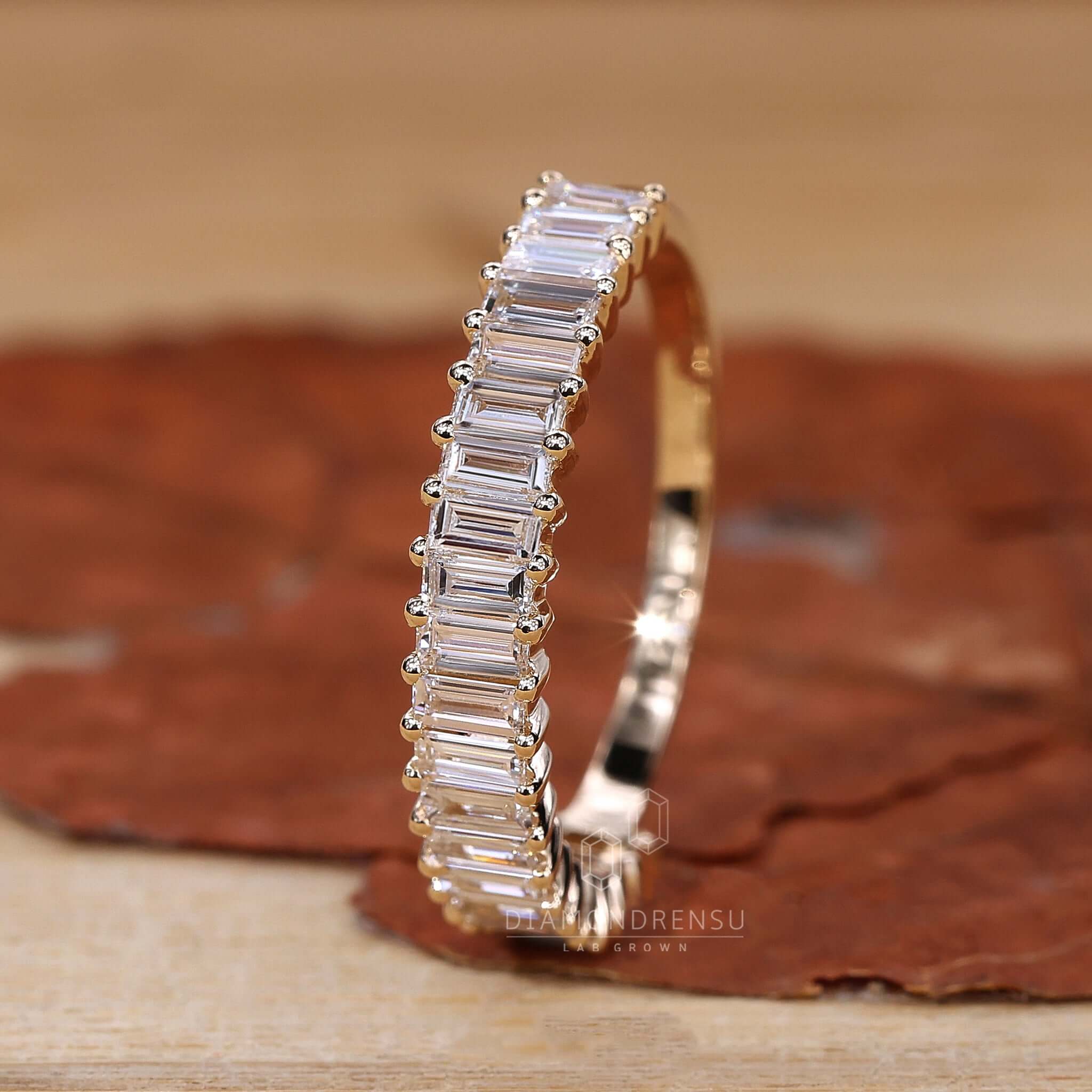 Elegant baguette diamond eternity band, showcasing its unique and linear diamond arrangement