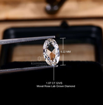 Loose lab grown diamond in oval rose cut design.