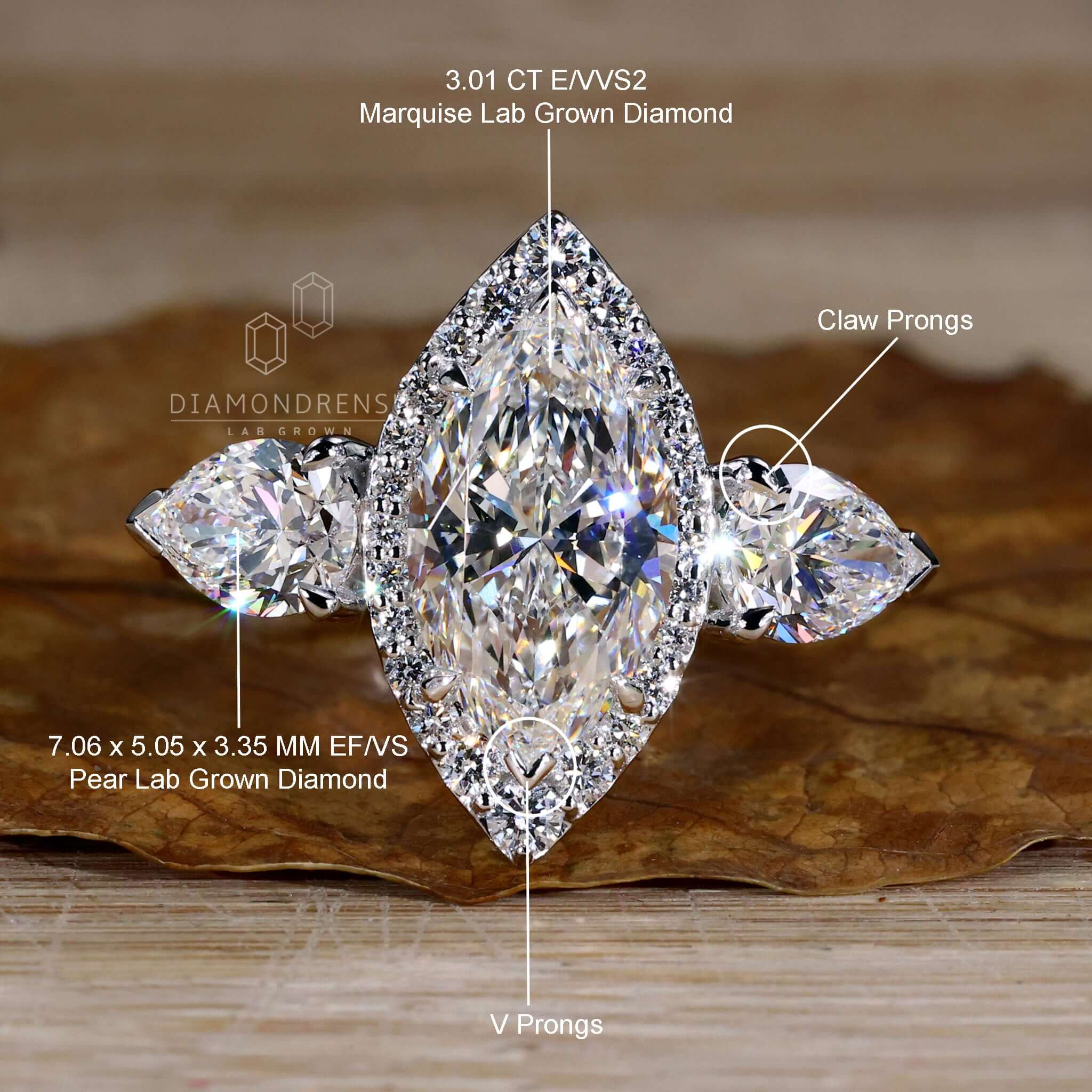 Custom Rings Pear Diamond Marquise and Pear Cut Lab Grown Diamond Three Stone Engagement Ring