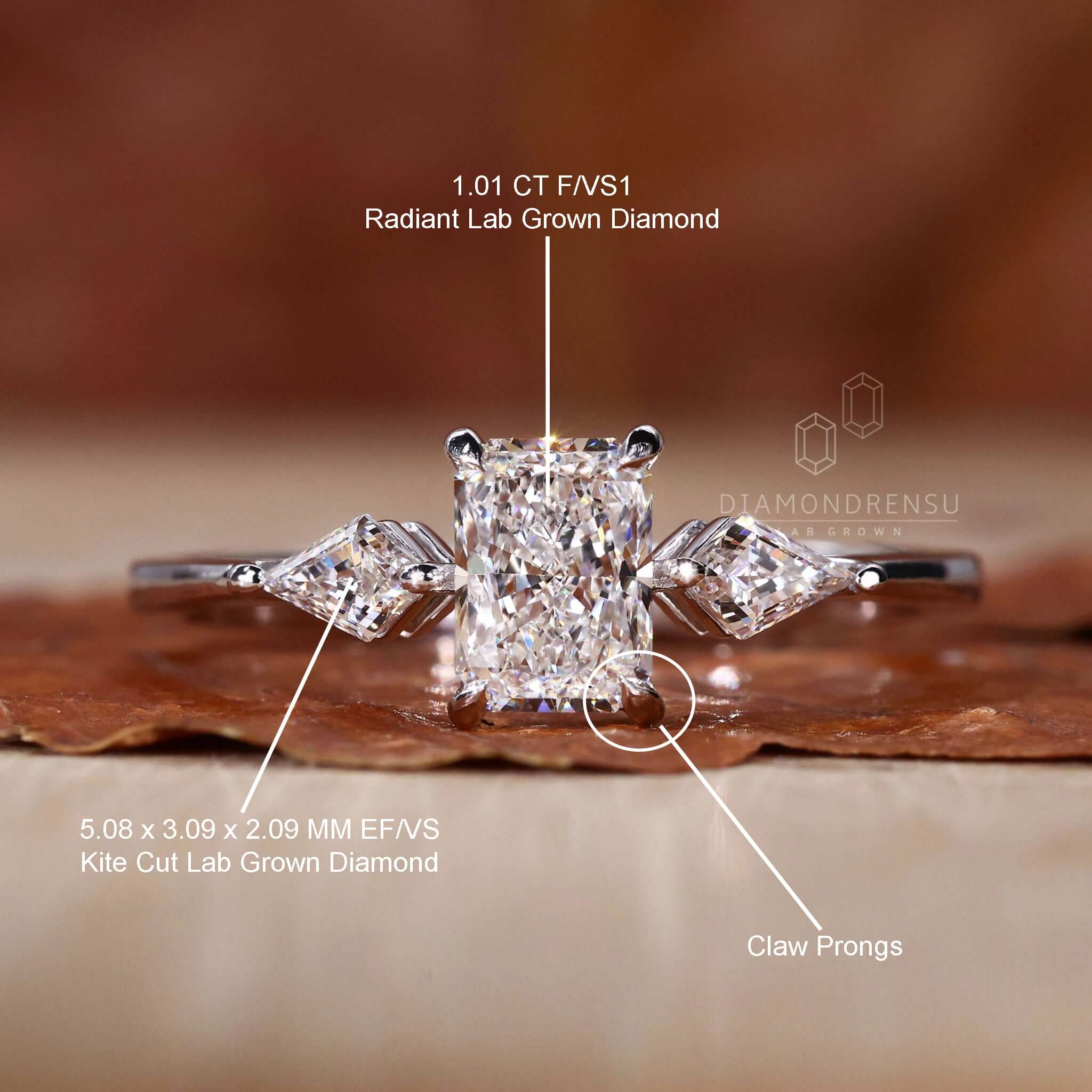 Diamond Add Radiant and Kite Cut Lab Grown Diamond Three Stone Engagement Ring