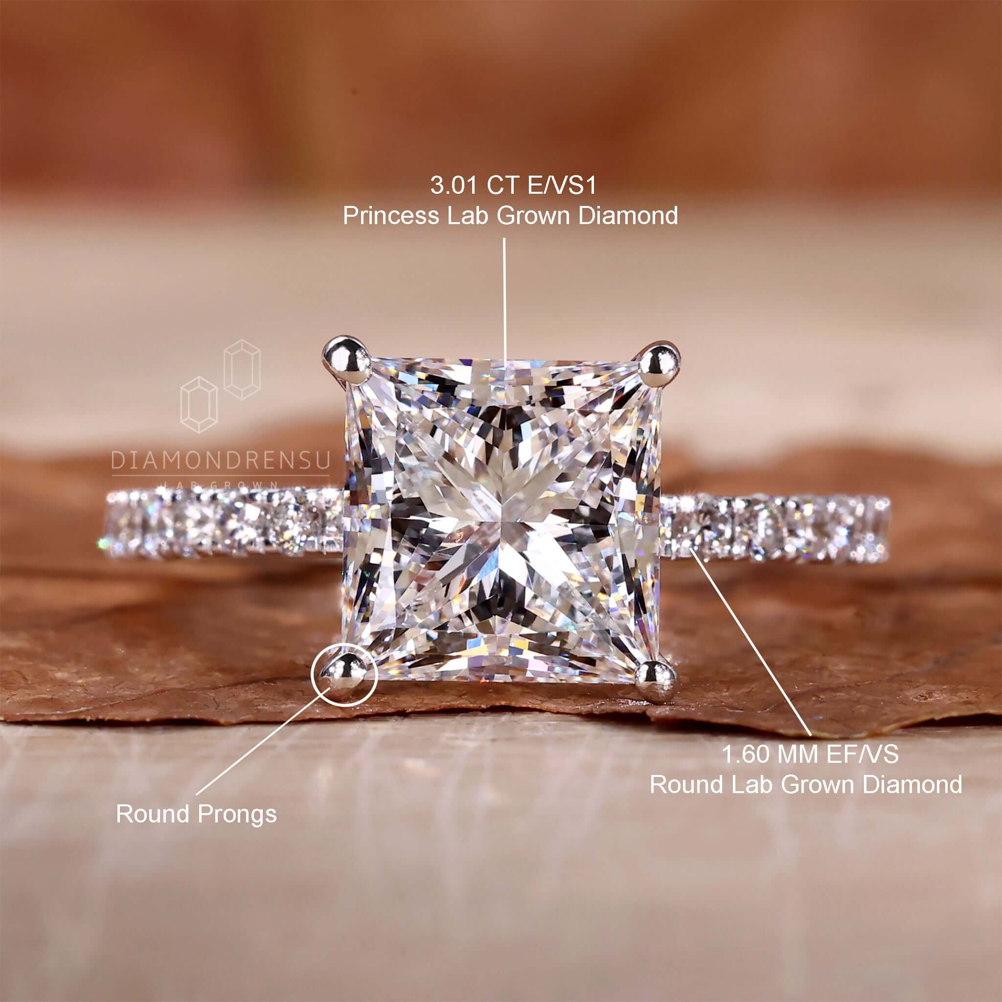 3 Carat Princess Cut Lab Grown Diamond Engagement Ring for Women