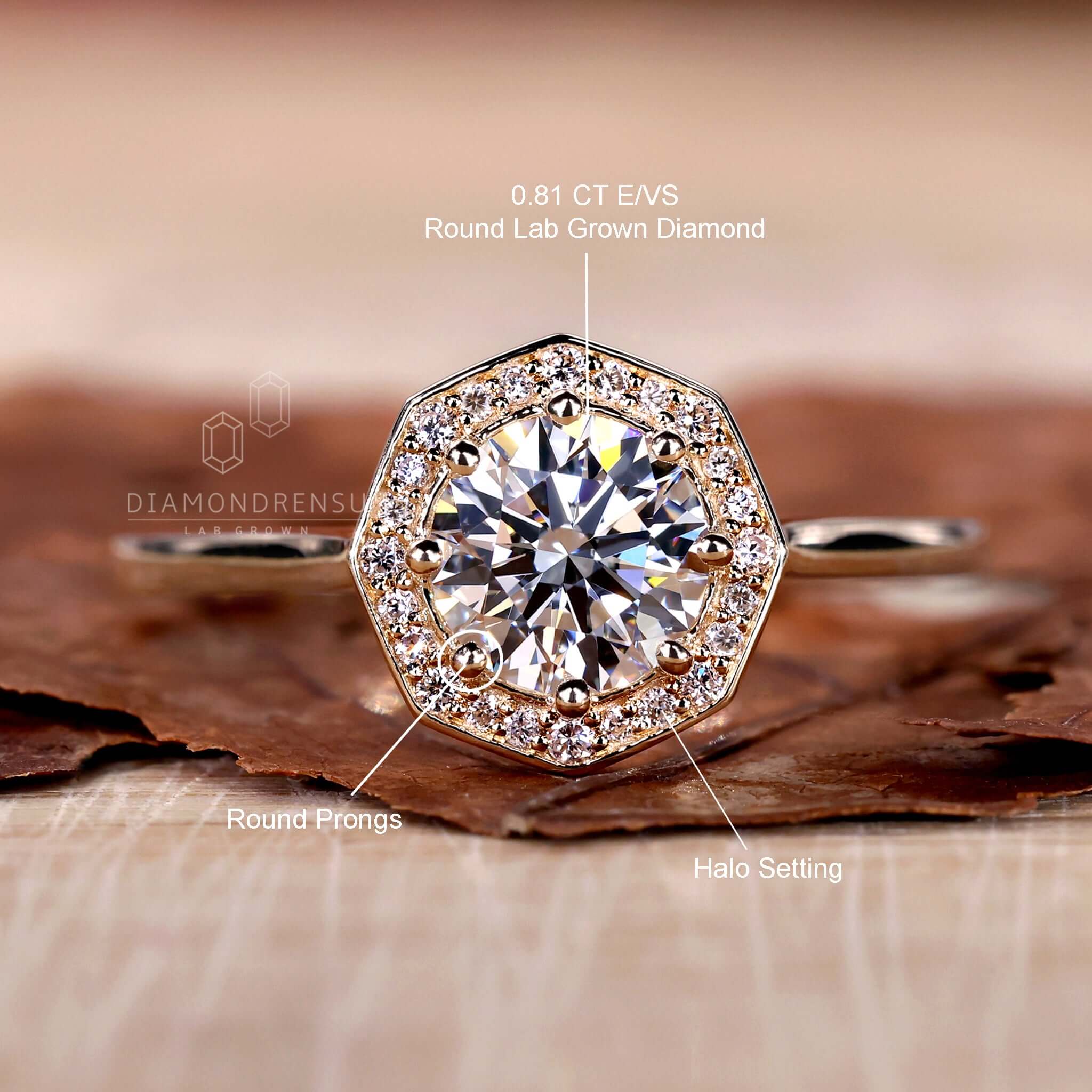 Diamond Add Round Lab Grown Diamond Octagonal Halo Engagement Ring - Diamondrensu