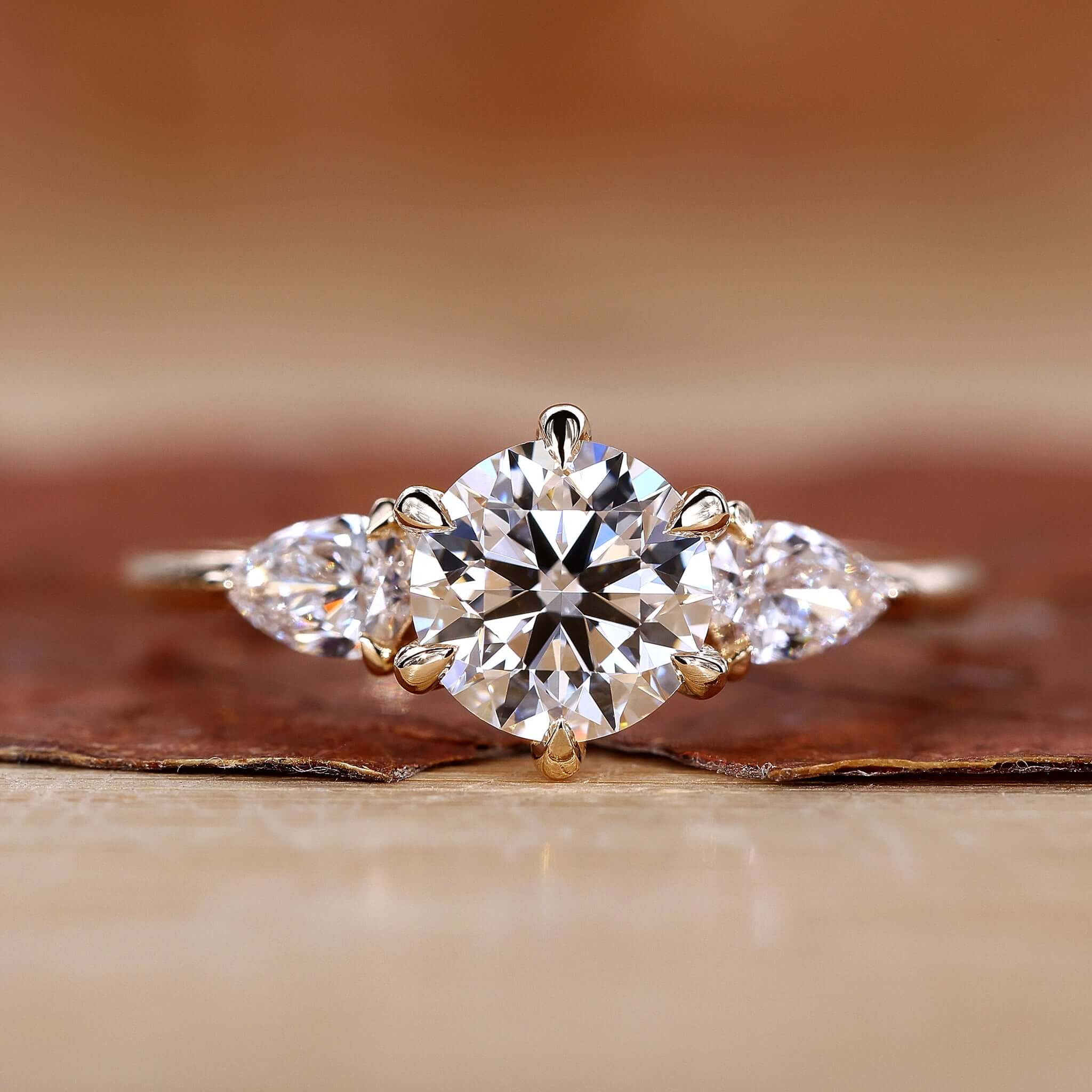 Exquisite three stone lab-grown diamond ring, symbolizing a sustainable and modern love.